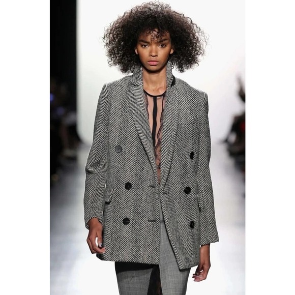 MNG MANGO Wool Double Breasted Black Herringbone Coat L - Picture 1 of 8